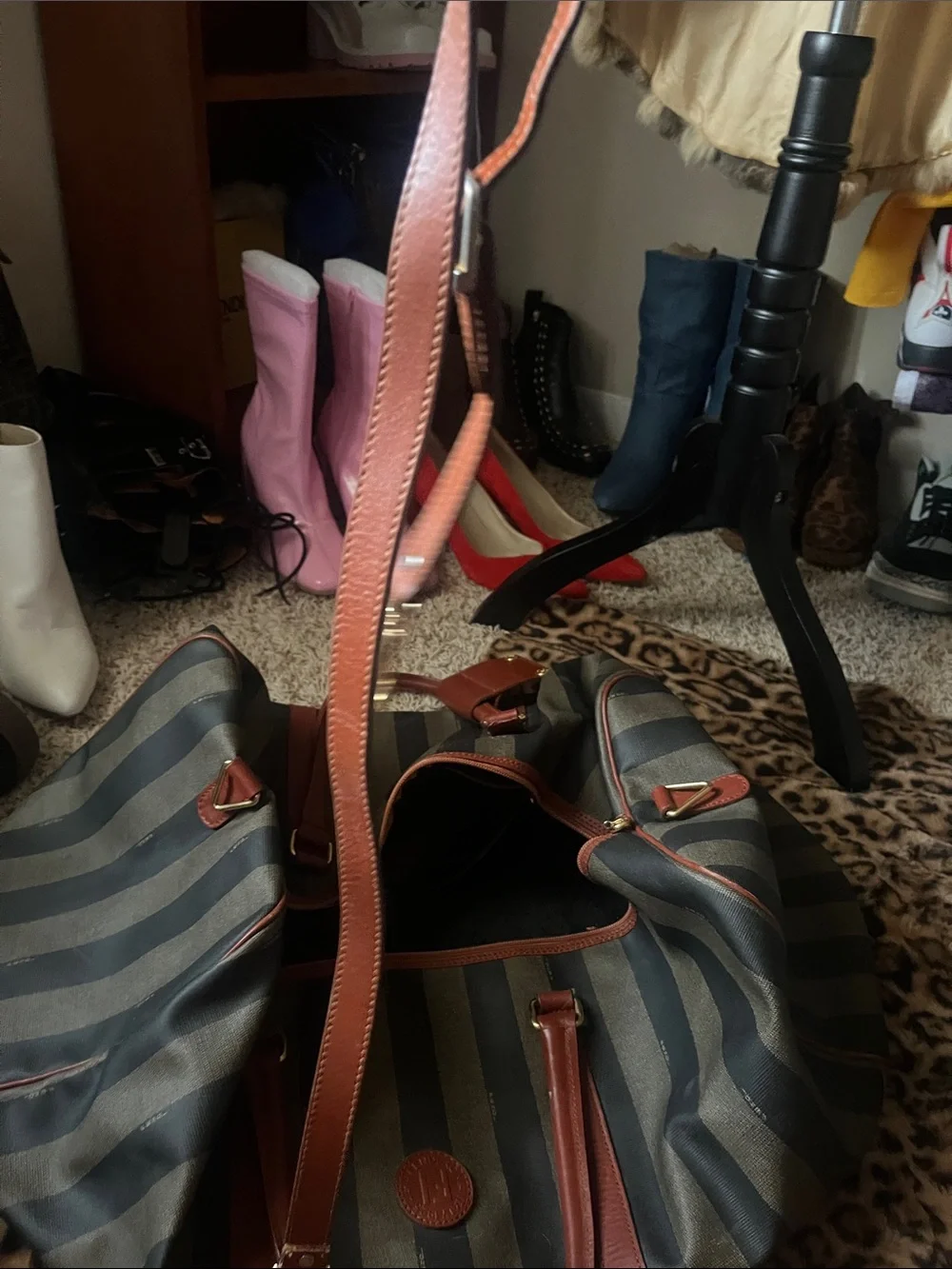 Fendi Olive and Black Striped Hobo with Brown Leather Trim